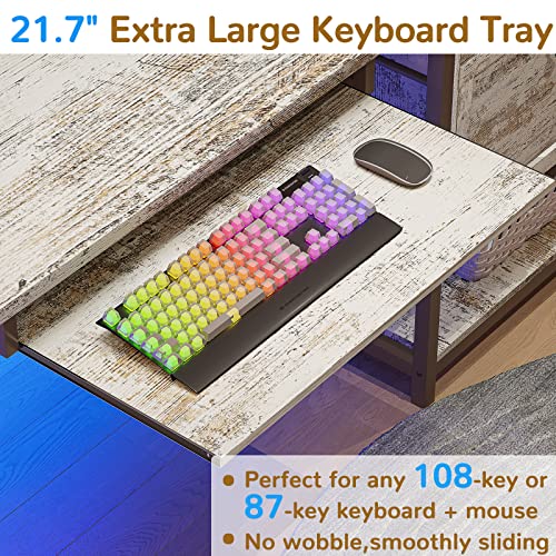 Sedeta 69" L Shaped Office Desk, Convertible L Farmhouse Desk To Long Desk, Gaming Desk With Led Lights, Corner Desk With File Drawers & Keyboard Tray For Home Office, Rustic White. #TOP5