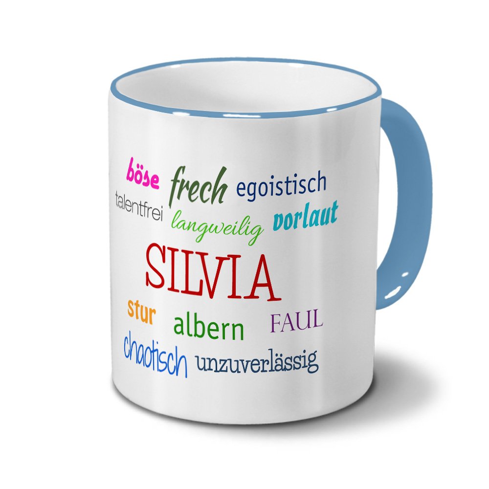 Personalisiert Tasse 'Silvia' – Negatives Design, Hellblau, 325 Ml, Spülmaschinenfest, Aus Hochwertigem Steingut