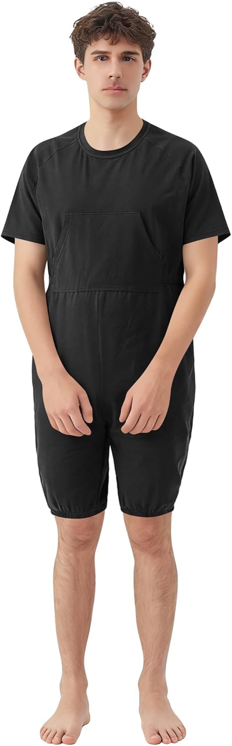 Adaptive Clothing for Men, Anti-Strip Back-Zip Jumpsuit Cotton Romper- Elderly Easy Care Onesie for Special Needs