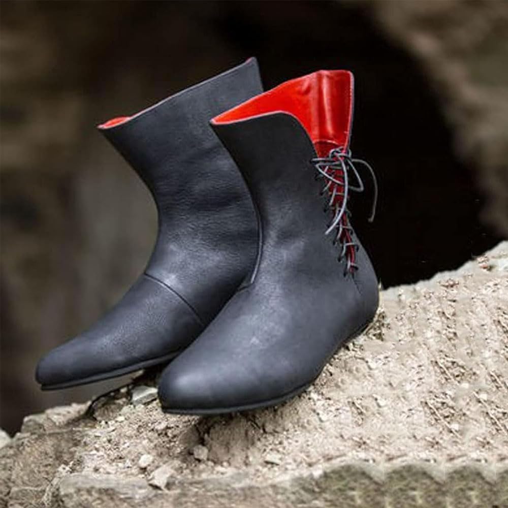 Średniowieczne buty rycerskie dla dorosłych Cosplay, renesansowe retro wszechstronne wiązanie liny płaskie dno buty środkowe, czarne, 46 EU