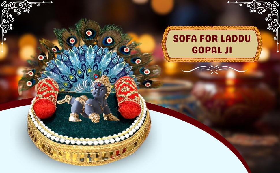 Image of Wood Sofa for Laddu Gopal Ji Size 2, 3 Number (Model- 1)| Laddu Gopal Bethak| Round Singhasan Kanha Ji with Extra 2 Pillows | Bal Gopal Asan, Blue(Size 8x8 inches Base)
