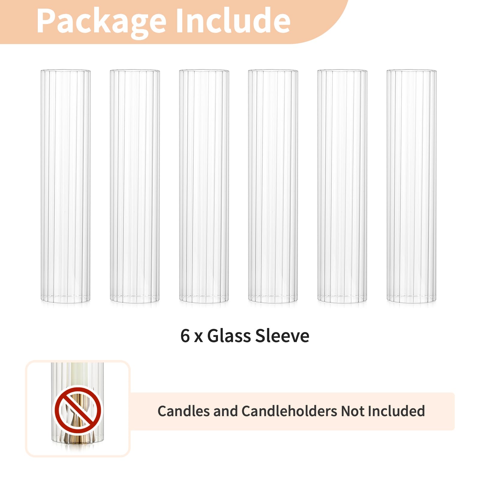 NUPTIO Portacandele a Uragano Matrimonio: 30cm x 6,5cm Paralume in Vetro A Coste per Candelieri - 6 Coperchi Decorativi per Candele A Cilindro Senza Fondo per Centrotavola All'aperto