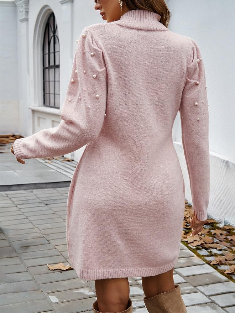 Apvirdy 2025 Womens Turtle Neck Sweater Pearl Dress Fall Winter Elegant Long Puffy Sleeve Knit Mini Wrap Work Dresses - Image 4