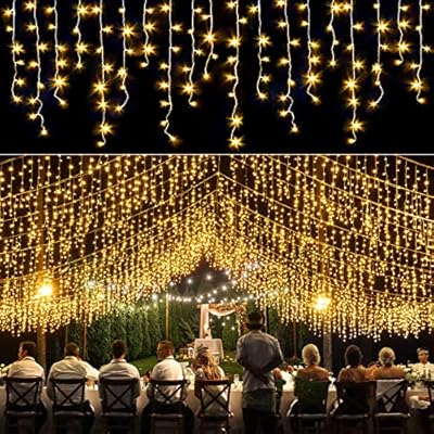 Icicle lights Outdoor - 33ft Christmas Lights with 400LED 75 Drops 8 Modes, Plug in Curtain String Lights Waterproof for Holiday Wedding Party Home Garden Bedroom Indoor Outdoor Decoration,Warm White