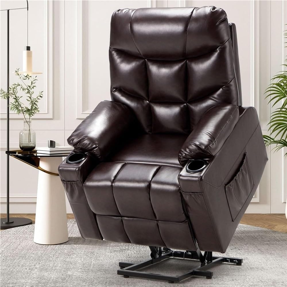 Power Lift Recliner Chair for Elderly Electric Lounge Seat with Heated Vibration Massage Heavy Duty Sofa with Side Pockets USB Port Cup Holders Comfortable Upholstered