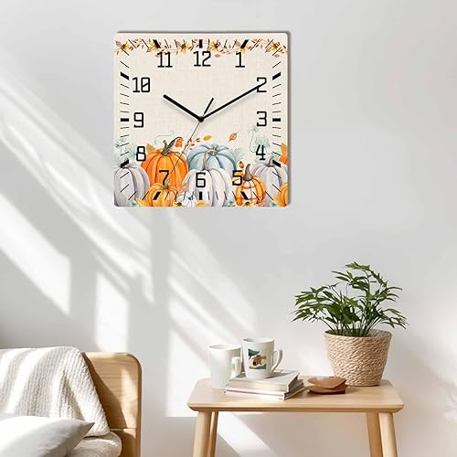 Miniatura 2 de Debedcor Thanksgiving Pumpkins Wooden Wall Clock Silent Non Ticking, Fall Autumn Harvest Maple Leaves Square Wall Clock Battery Operated, Decor