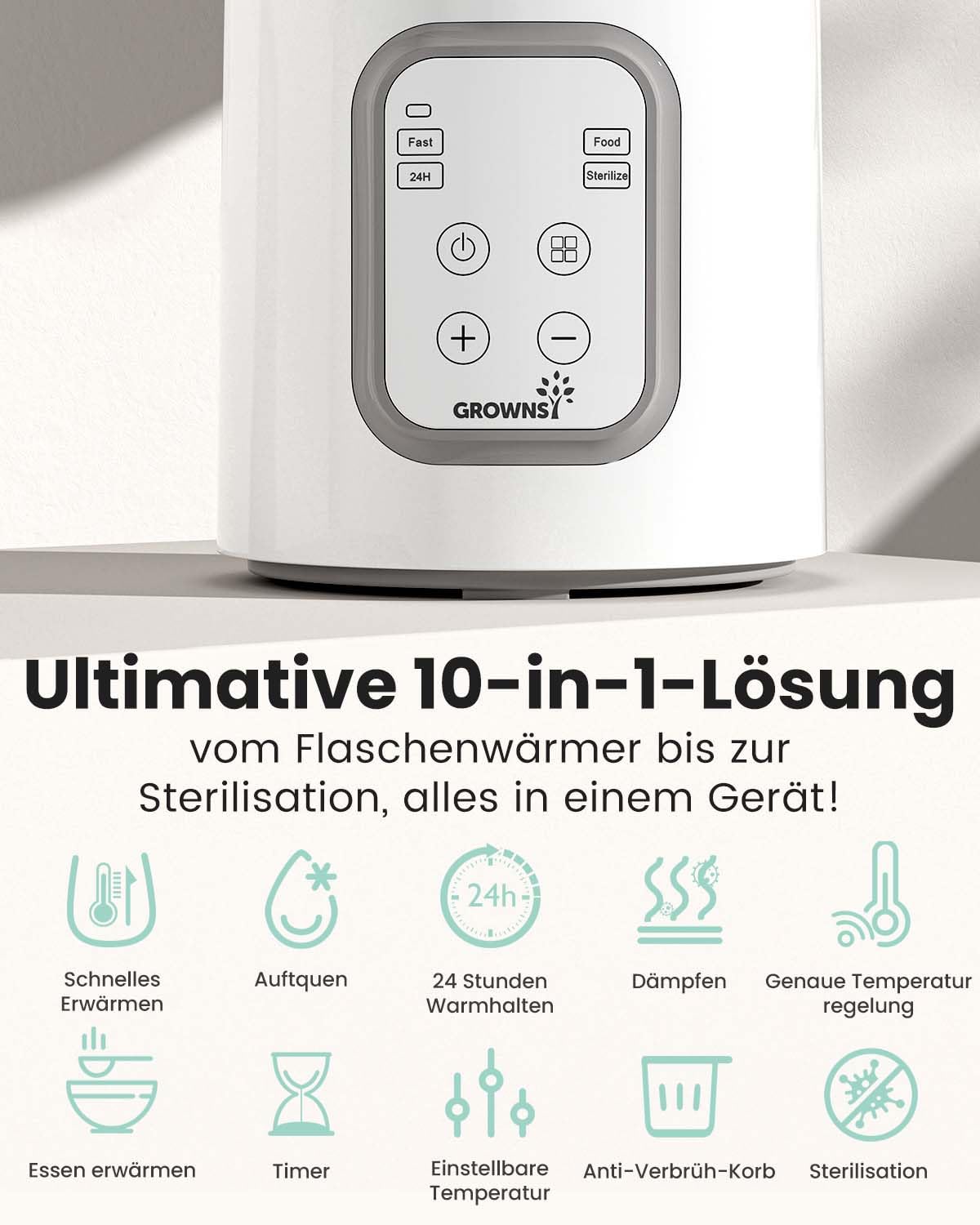 GROWNSY 10-in-1 Flaschenwärmer Baby Flaschenwärmer & Sterilisator für alle Flaschen, Schnelles Aufheizen, Präzise Temperaturkontrolle, Automatisches Abschalten – Für Milch, Brei, Auftauen – BPA-fre