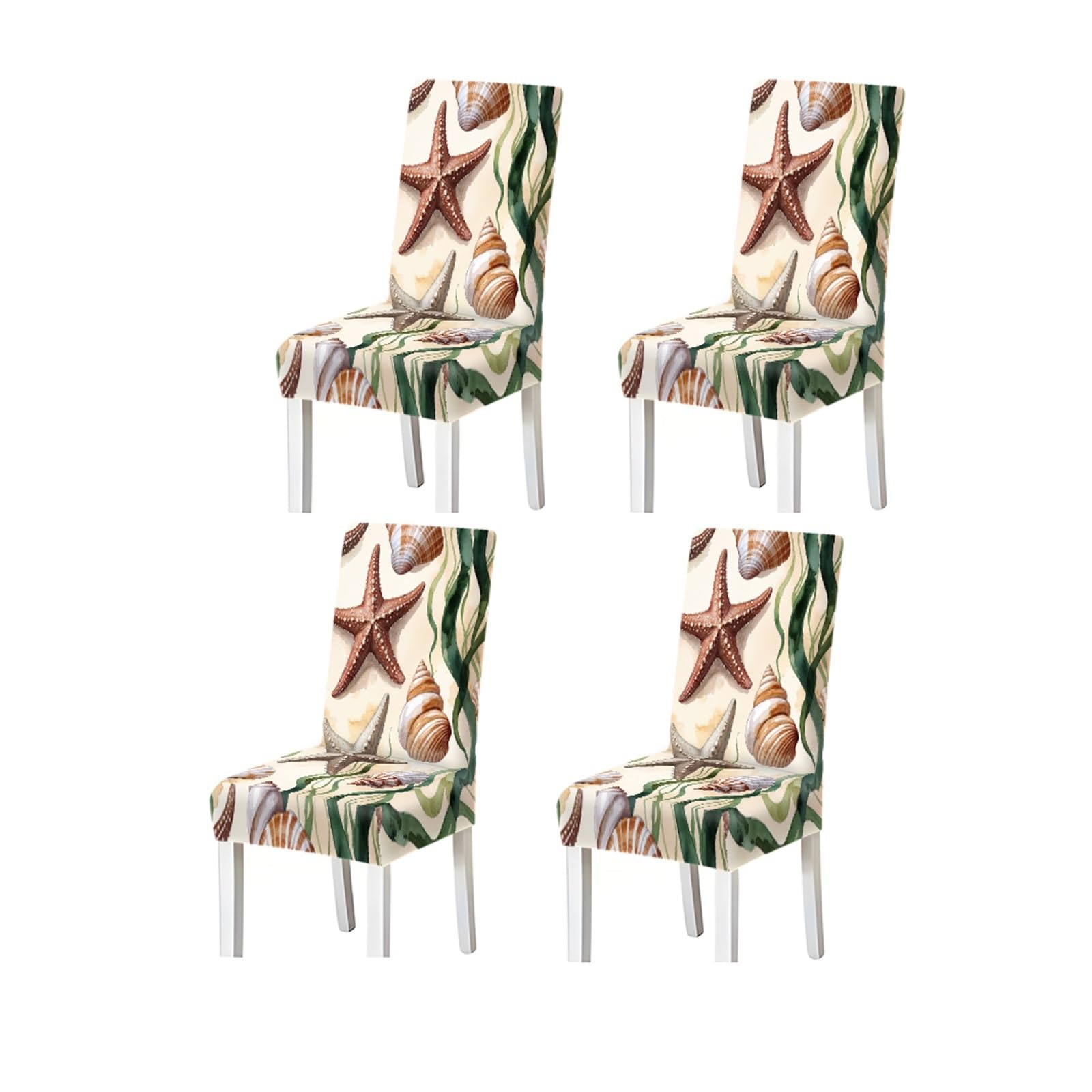 Bosuybn One Color Dining Chair Covers 2/4/6 Pieces, Stretch Slipcovers Seashell Starfish Pattern With Seaweed, Natural Coastal Style For Kitchen Dining Room Furniture Protectors For Home Dining Room(4Pcschair Cover)