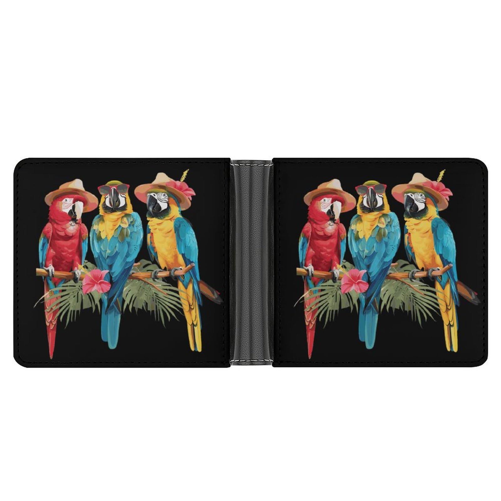Tropical Parrots with Hats Glasses Funny Billfold Wallet Credit Card Holder Slim Passcase Pouch Purse for Men Women