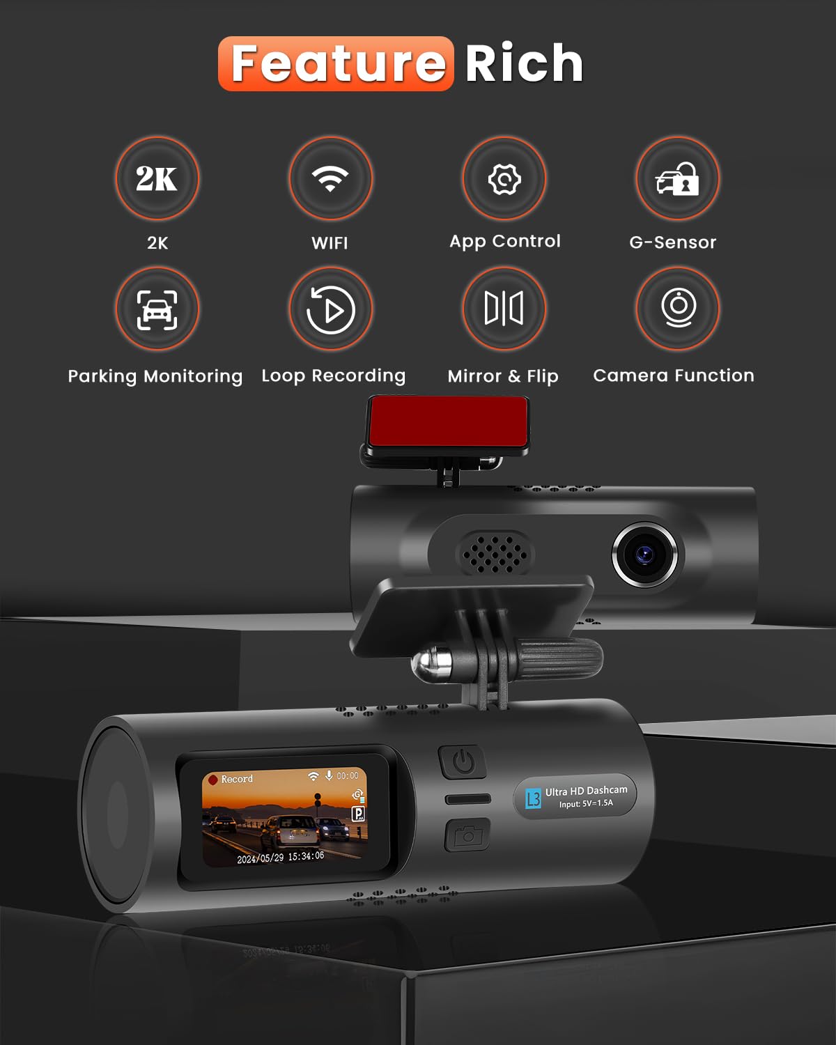 Dash Cam 4 Canali 360° Per Auto - 2K + Visione Notturna IR, WiFi, App, G-Sensor, Parcheggio 24h, Per Uber/Taxi