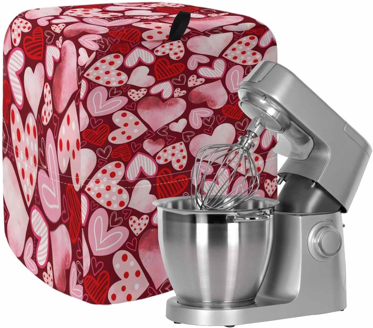 Valentine's Day Stand Mixer Cover with Storage Pocket, Waterproof Kitchen Mixer Covers, Pink Romantic Loves Polka Dot Kitchen Appliance Dust Cover Compatible with 5-8 Quart Mixers