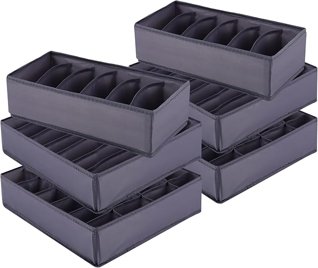Amazing Tour 6 Pack Underwear Drawer Organiser for Socks Storage Boxes Foldable Bra Drawer Organiser Divider 100% Polyester Collapsible Closet Tie Organizer Washable Grey
