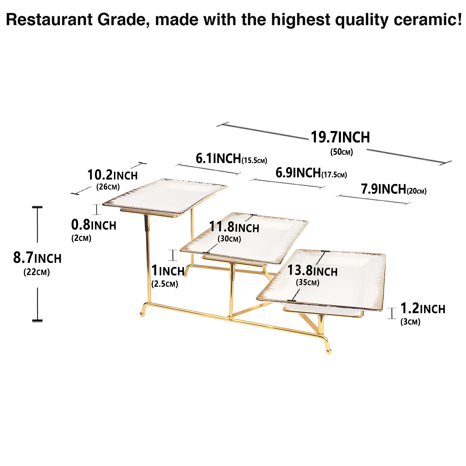LIUYWYHCF 3-Tier Serving Rack with Ceramic Serving Tray, Foldable Gold Stand with 3 Pieces 10.2