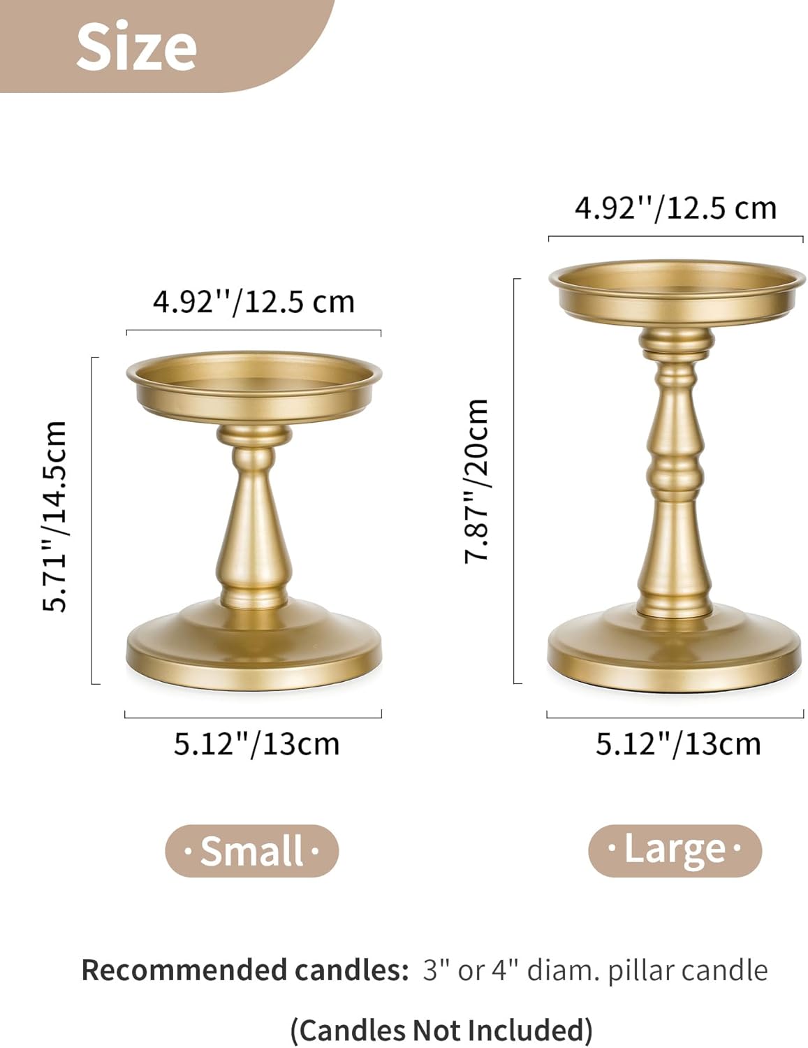 NUPTIO Large Candle Holder Set: 2pcs Large Gold Stand for 4" Diameter Pillars - Vintage Metal Pedestal for Dining Table Centerpieces Decor