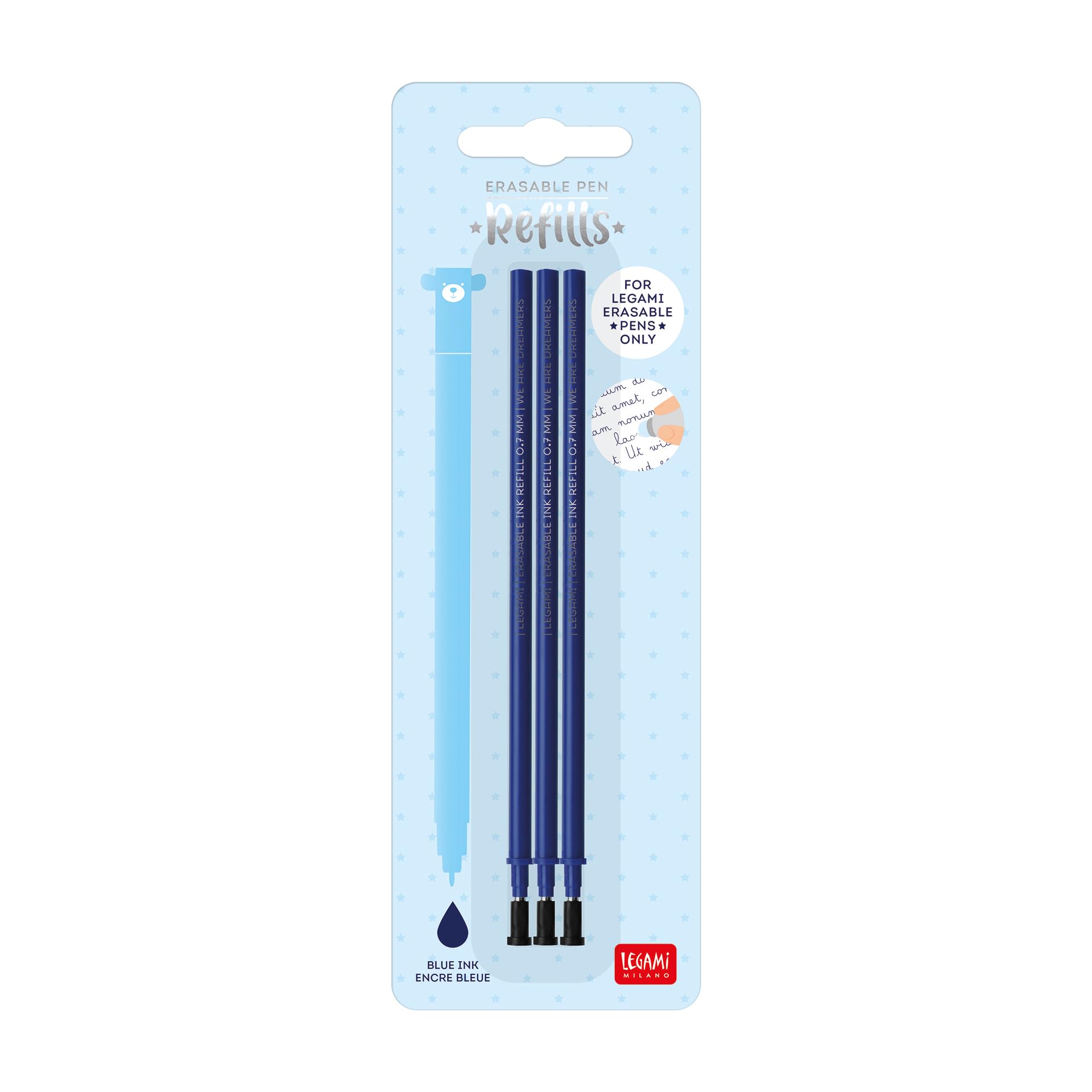 Legami - Erasable Gel Pen Refill, Set of 3, Height 13cm, Blue Thermal Ink, 0.7mm Nib