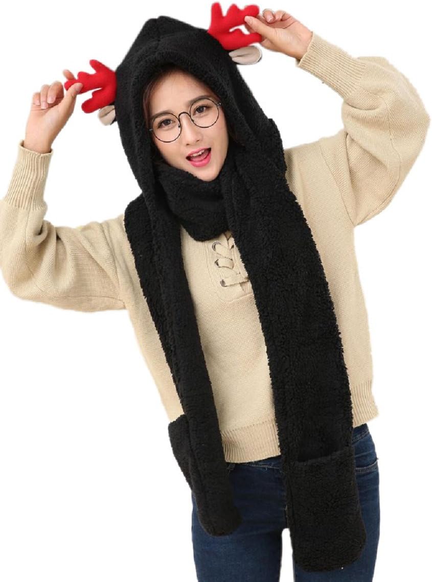 FeelMeStyle Women's Winter Warm Hooded Scarf with Mittens 3-in-1 Hat Scarf Glove