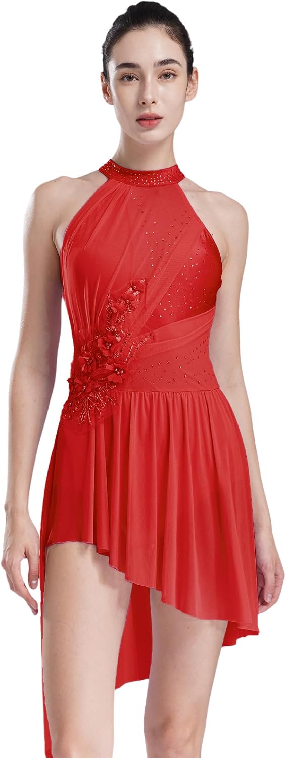 Applique Lyrical Dance Dress for Women Halter Strappy Leotard High Low Flowy Skirt Contemporary Dance Costume