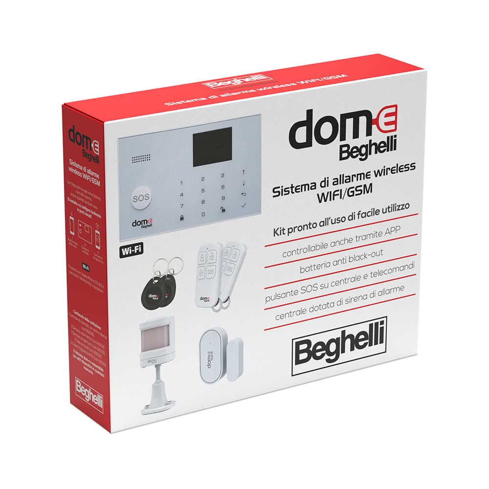 Beghelli - Kit antitrusión Dom-e, Sistema de Alarma inalámbrico Wi-Fi/gsm con batería Anti apagadura, botón SOS, Compatible con Alexa y Google Home, Control vía App y Asistente de Voz, Blanco