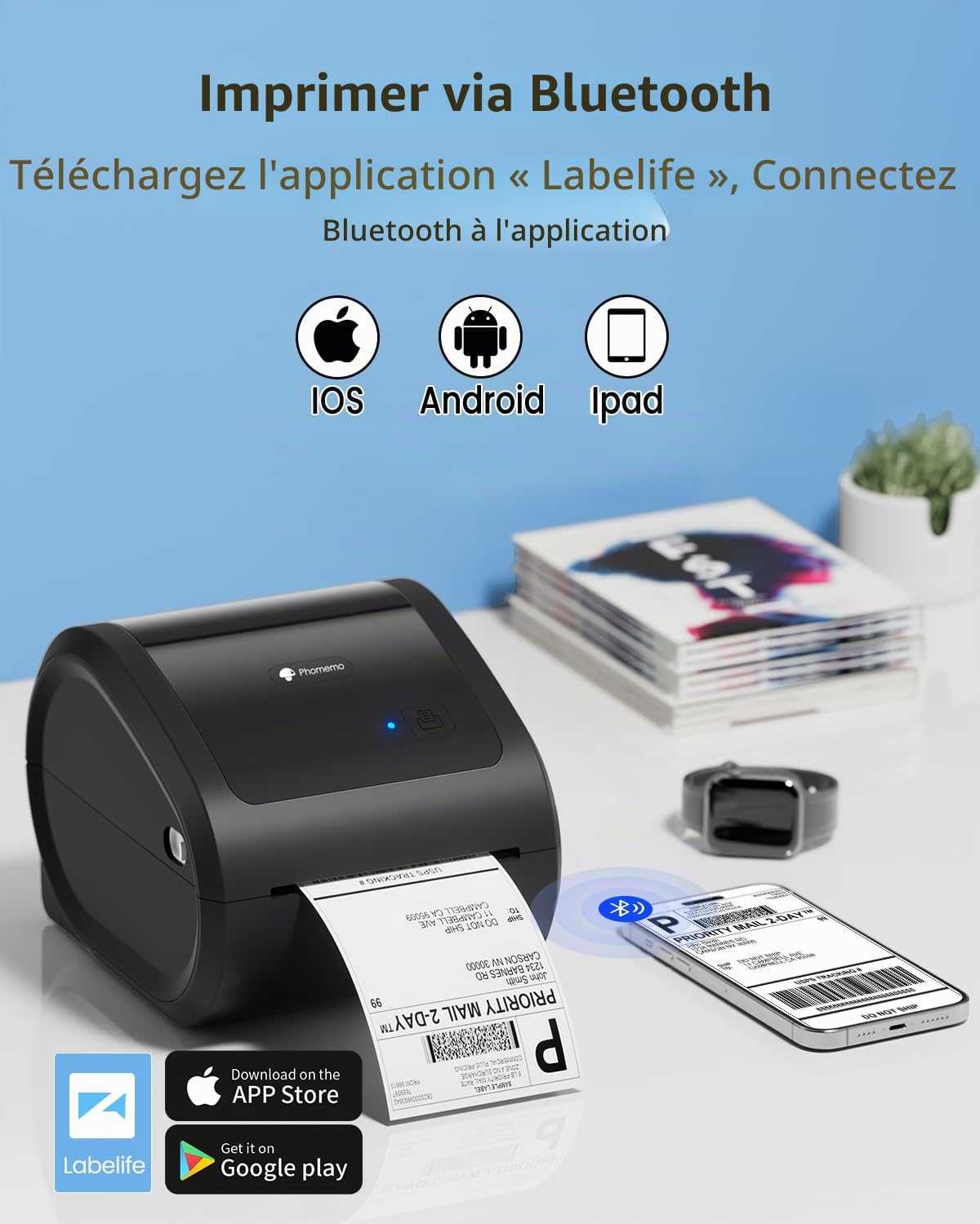 Phomemo D520BT Imprimante d'étiquettes Bluetooth 4 x 6 Thermique pour Expédition Compatible Amazon Etsy UPS Shopify