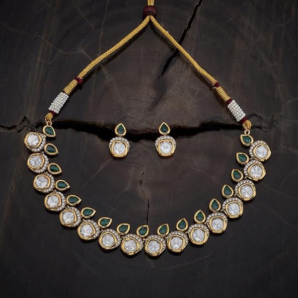 Kushal's Fashion Jewellery Green Victorian Plated Ethnic Kundan Necklace Set - 411656 - Image 3