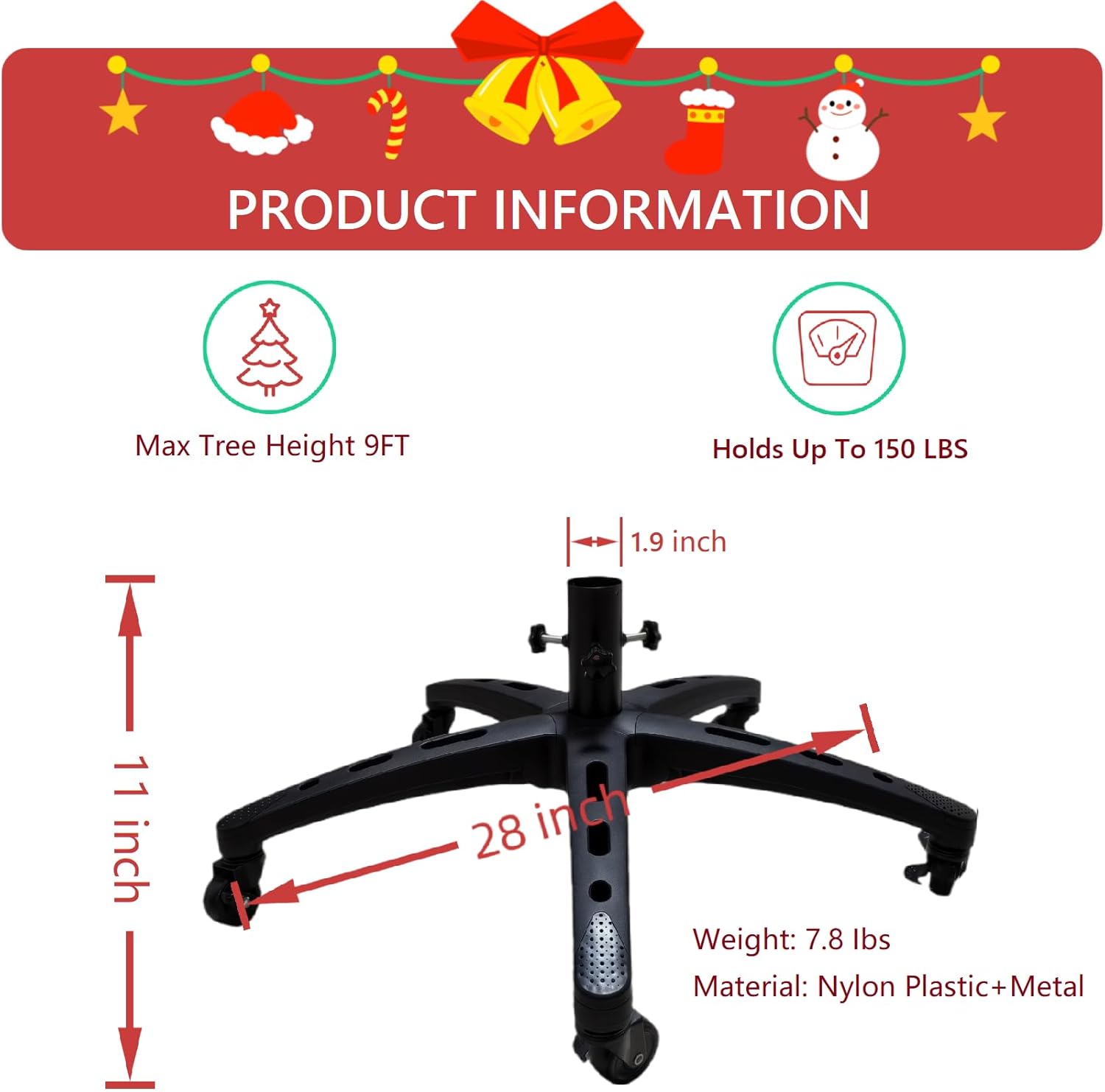 Rolling Christmas Tree Stand with 5 Wheels for up to 9 Foot Artificial Trees, Universal Heavy Duty Movable Xmas Tree Stand Base, Adjustable Fake Tree Holder Base with Rotating Casters