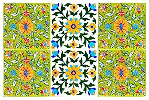 Shiv Kripa Blue Pottery Home Decor Stairs Moroccan Interior Exterior Tabletop Floor Install Wall Ceramic Handcrafted Painted Wall Tiles 6 x 6 Inch Set of 6 Tiles (Multi)