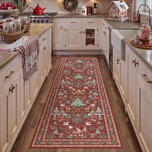 Christmas Runner Rug 2x8 Red Snowflake Holiday Decorative Area Rug Hallway Kitchen Washable Non Slip Soft Low Pile Long Carpet for Living Room Bedroom Entryway Entrance Dining Room