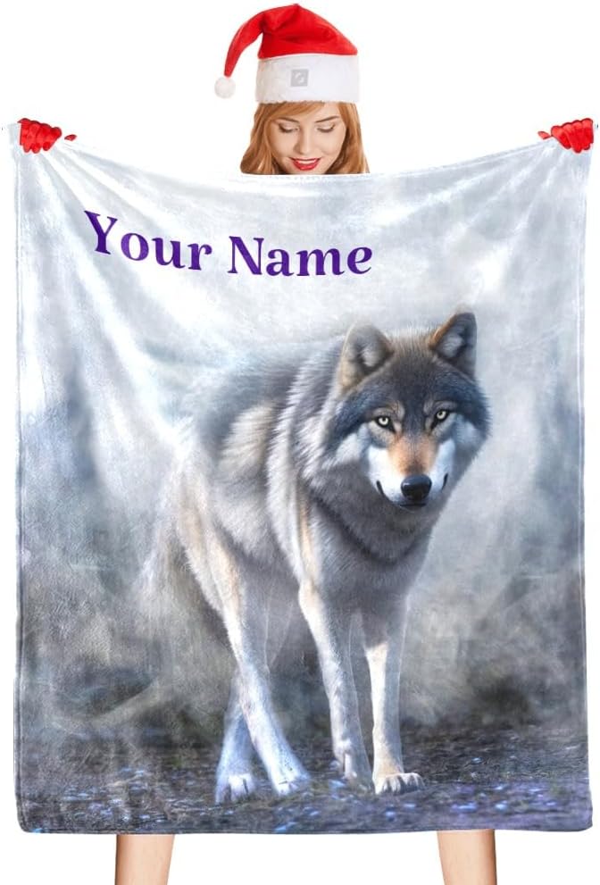 Custom Throw Blanket with Your Name Text,Personalized Animal Wolf Super Soft Fleece Blanket for Couch Sofa Bed (50 X 60 inches)