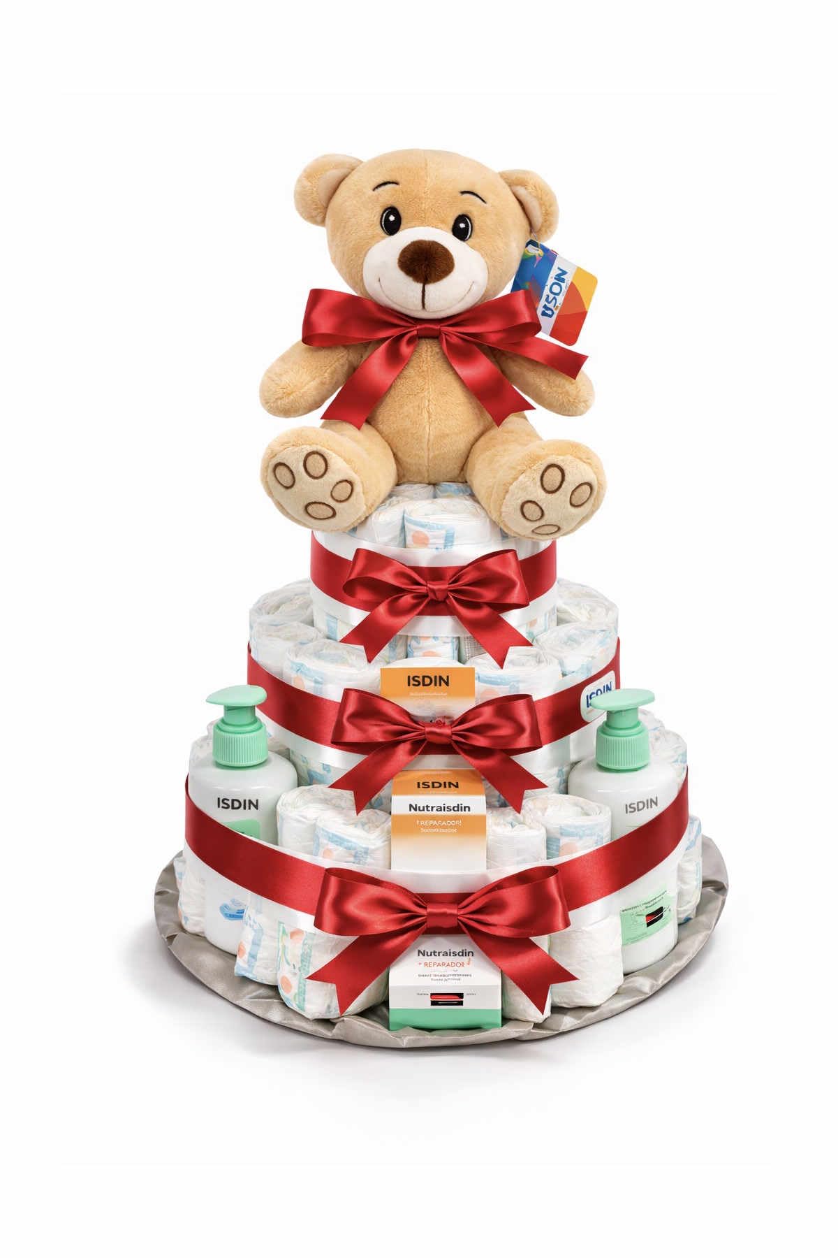 Tarta de pañales con productos Nutraisdin .color Rojo (Talla 2 (3-6 kg)) by MomentosGourmet Añade tu dedicatoria personalizada. Regalo para bebé muy práctico. Cesta Canastilla recién nacido.