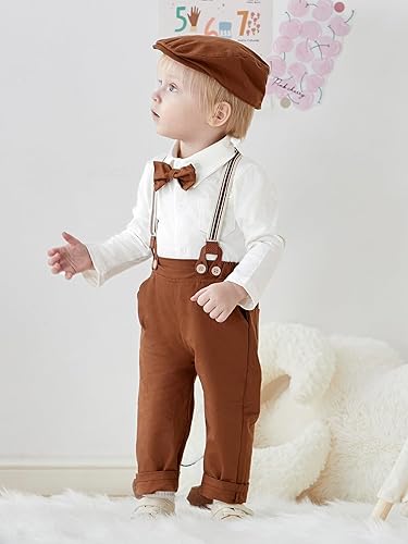 Miniatura 7 de SALNIER Conjunto de ropa de traje de bebé niño esmoquin trajes de caballero trajes de corbatín camisa tirantes pantalones boina sombrero