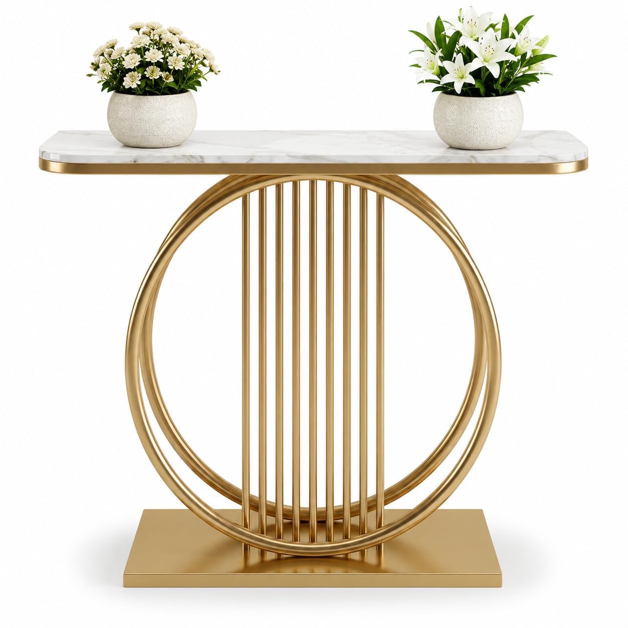 Console Table for Living Room Enterprises Luxury Marble Finish Engineered Wood Accent Stand with Golden Metal Circular Base, Sofa Side Furniture (30D x 75W x 70H cm, White & Gold)-image-36