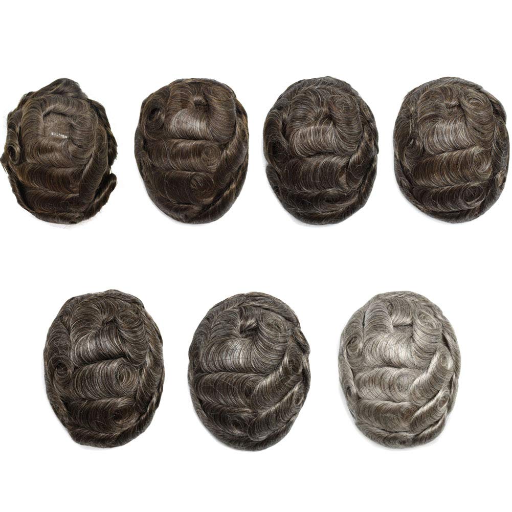 LYRICAL HAIR Toupee for Men Hair System Replacement Monofilament Mens Toupee Hairpiece Durable Poly Coated NPU Around Wig for Men Human Hair Piece Unit 120% Density 8"X10" #340 Dark Brown+40% Gray