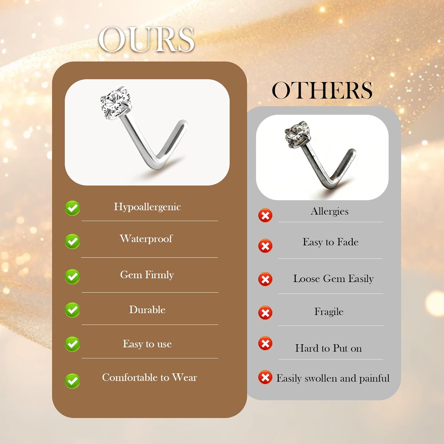 Nose Rings for Women 14K Gold Plated Hypoallergenic Surgical Steel Nose Ring Hoops 20g Nose Ring CZ Lip Ring L Shaped Studs Nose Piercings Jewelry for Women Men - Image 8