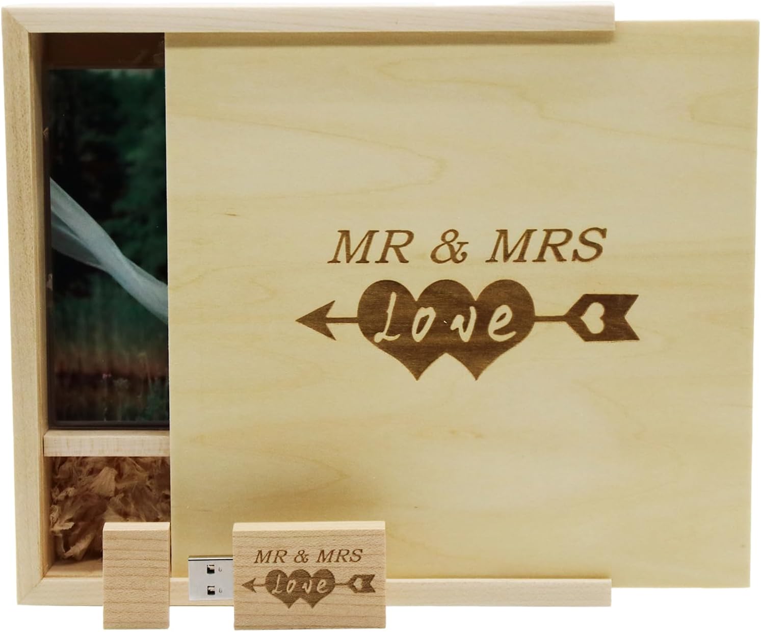 32GB USB 3.0 Flash Drive with Laser Engraved "Mr & Mrs" Design – 32GB Wood USB Stick with Box (size:170x170x35mm) for Wedding, Couple, Parents (Maple Wood)