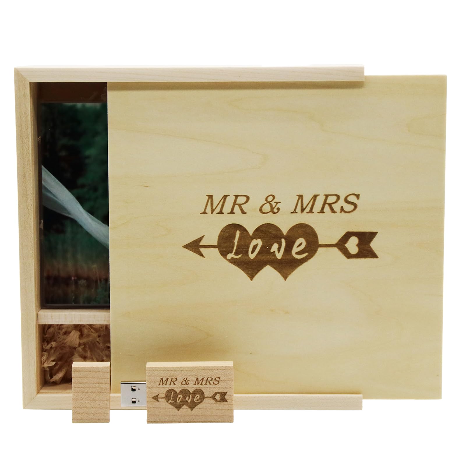 32GB USB 3.0 Flash Drive with Laser Engraved "Mr & Mrs" Design – 32GB Wood USB Stick with Box (size:170x170x35mm) for Wedding, Couple, Parents (Maple Wood)