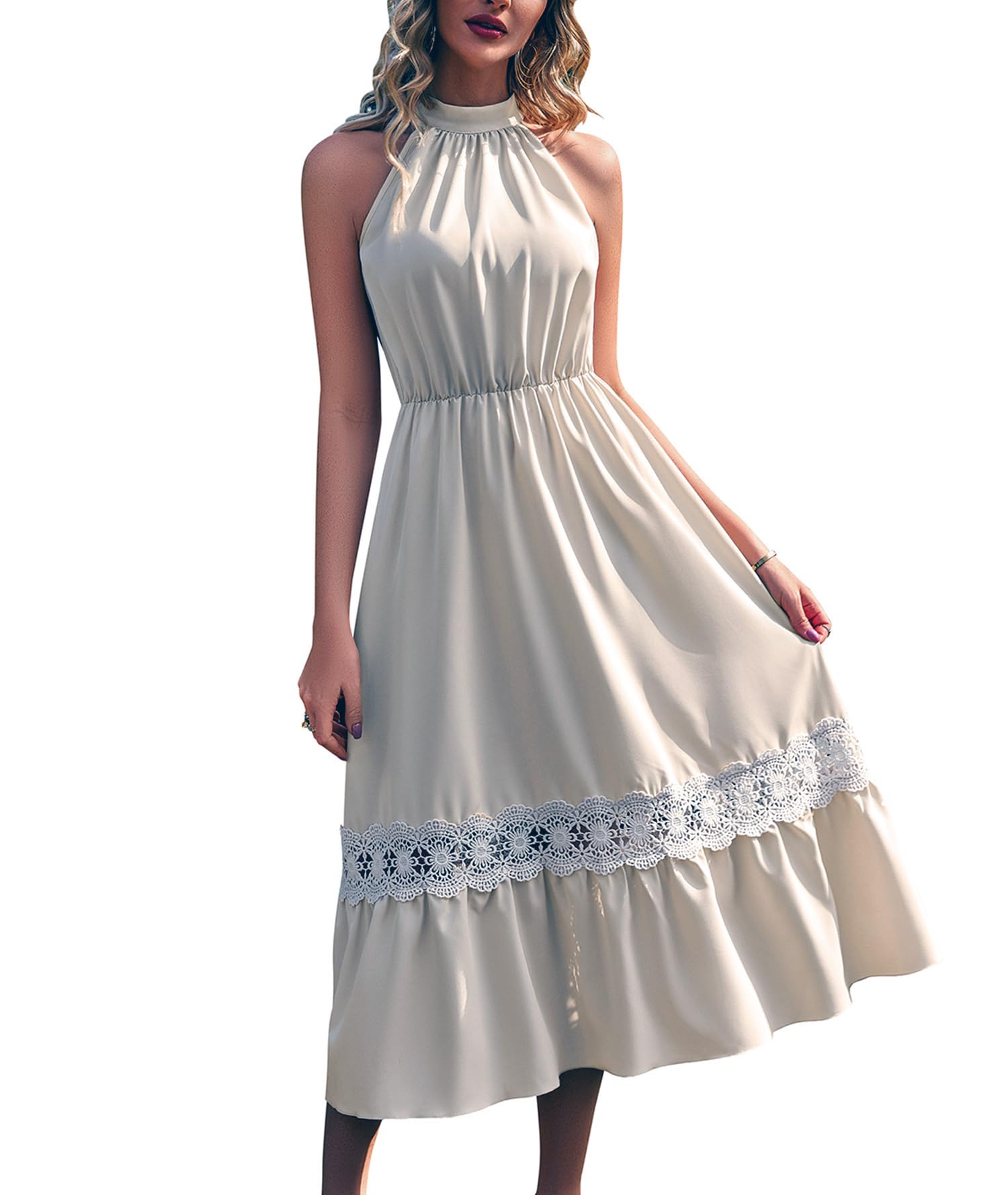 Photo 1 of Women‘s Summer Halter Neck Cutout Sleeveless Dresses, Slide Color Satin Lace Casual Dress Small White