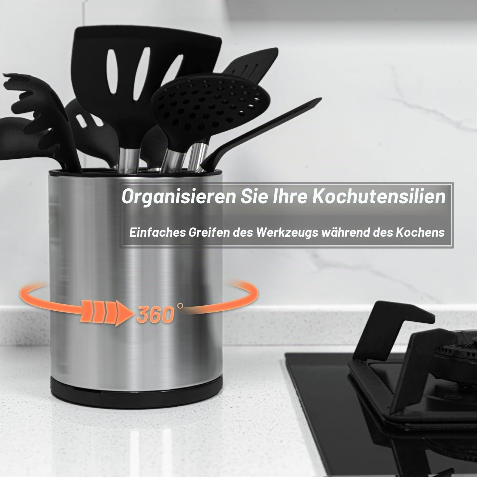 360° drehbar Küchenutensilienhalter für Arbeitsplatte groß Utensilienhalter Küche für Küchentheke Edelstahl Utensil Organizer für die Arbeitsfläche Utensilientöpfe 3 Fächer