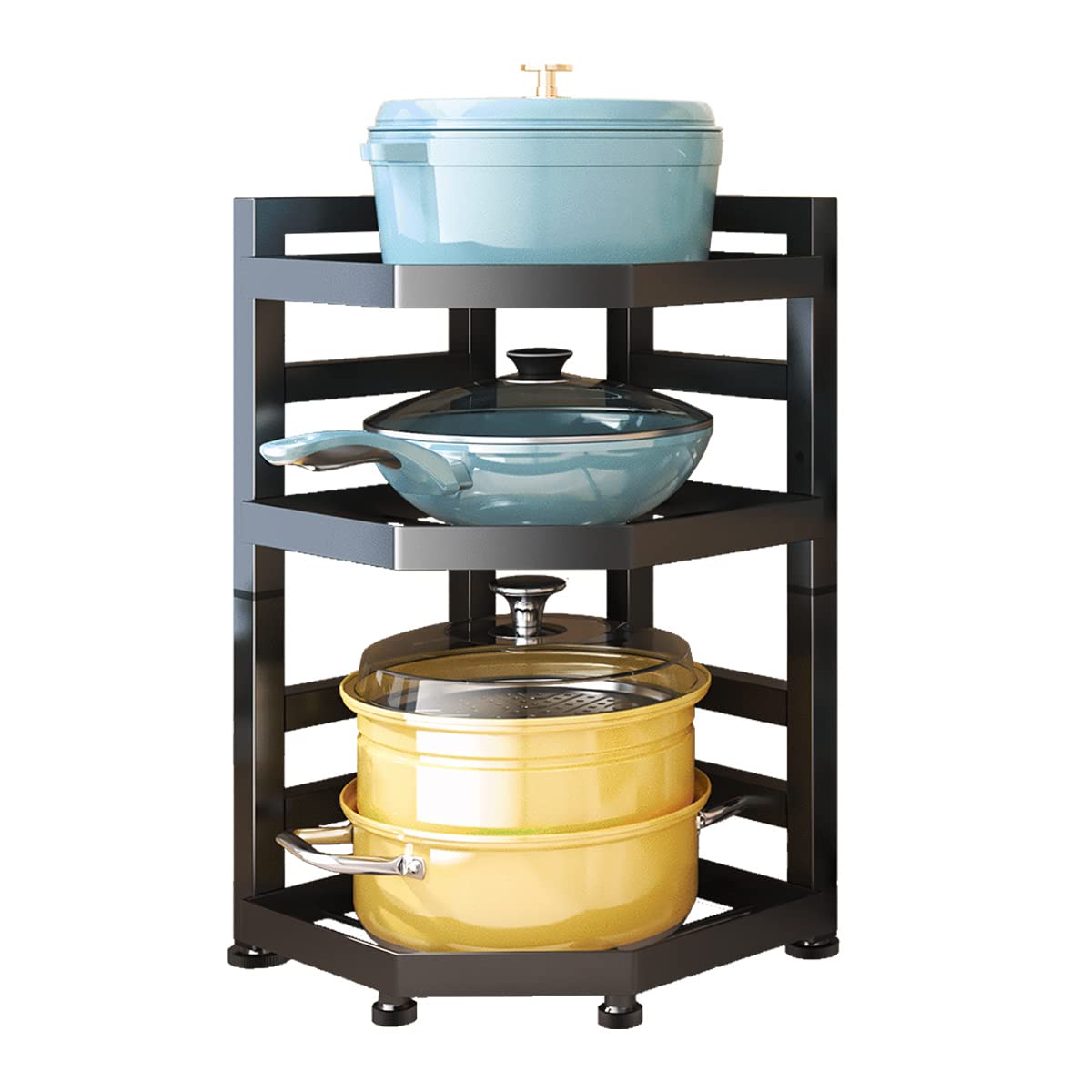 Three-tier Pot Rack Kitchen Pot and Pan Organizer Shelf Pot Lid Holders & Pan Rack, Holds Heavy Pots and Cookware for Kitchen Counter and Cabinet