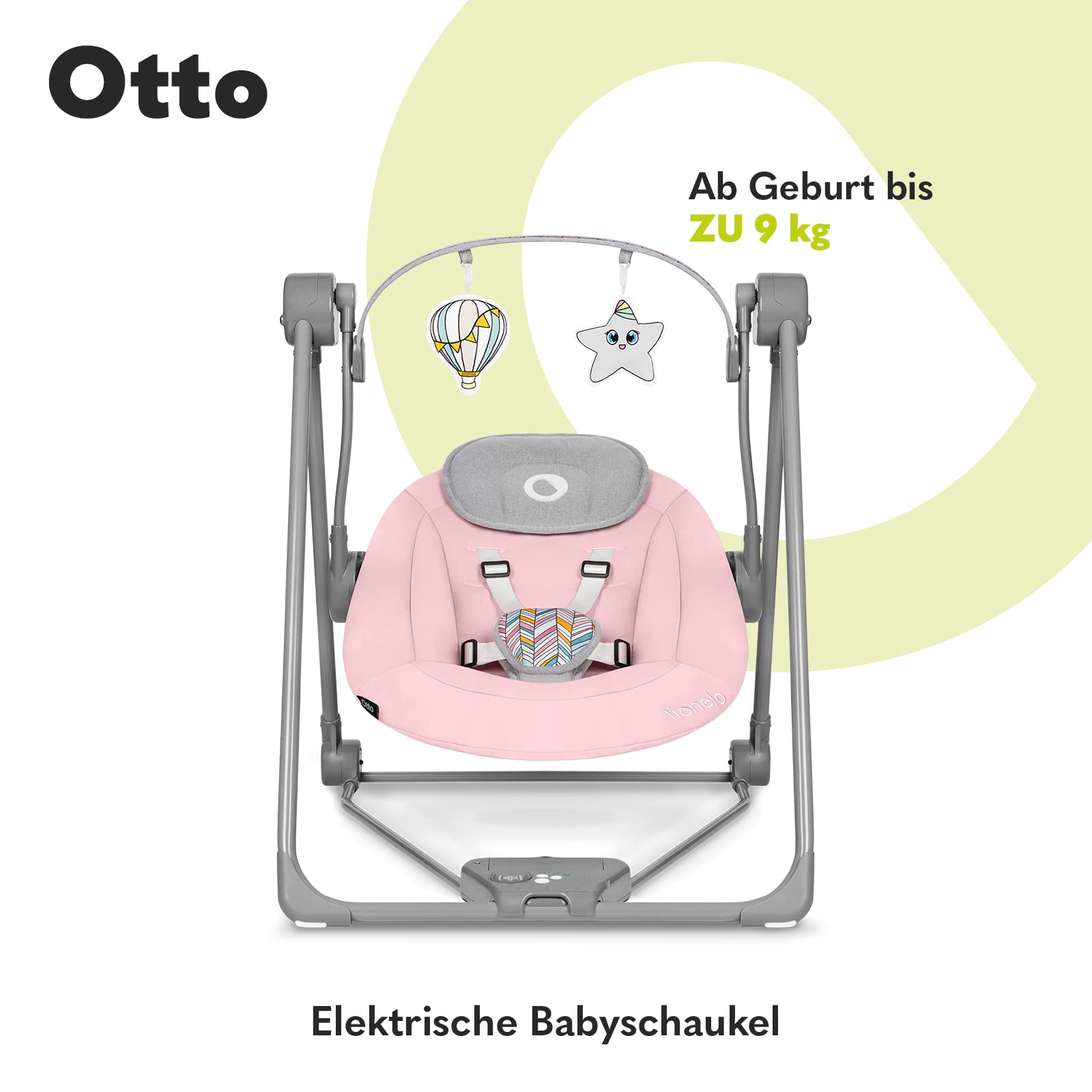 LIONELO Otto Baby Huśtawka dla niemowląt, łuk do zabawy z interaktywnymi zabawkami, 5 prędkości huśtawki, odgłosy natury, od urodzenia do 9 kg, składany (Cozy Grey) (różowy)