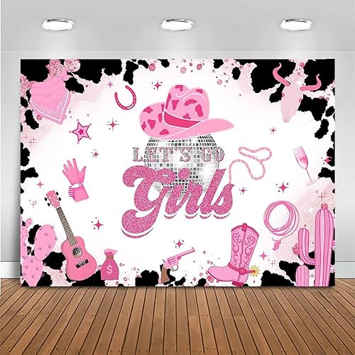 Miniatura 10 de Mocsicka Telón de fondo de discoteca de vaquera con texto en inglés Let's Go Girls (rosa, 8 x 6 pies (96 x 72 pulgadas)