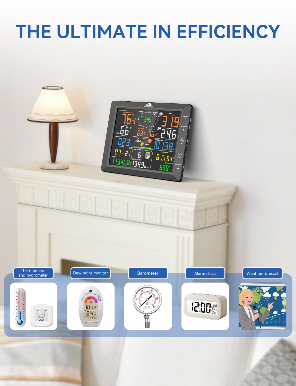 Stazione meteo wireless 14 in 1 con sensore wireless esterno, orologio radiocomandato, pluviometro, velocità/direzione del vento, fasi lunari, indice di raffreddamento del vento, punto di