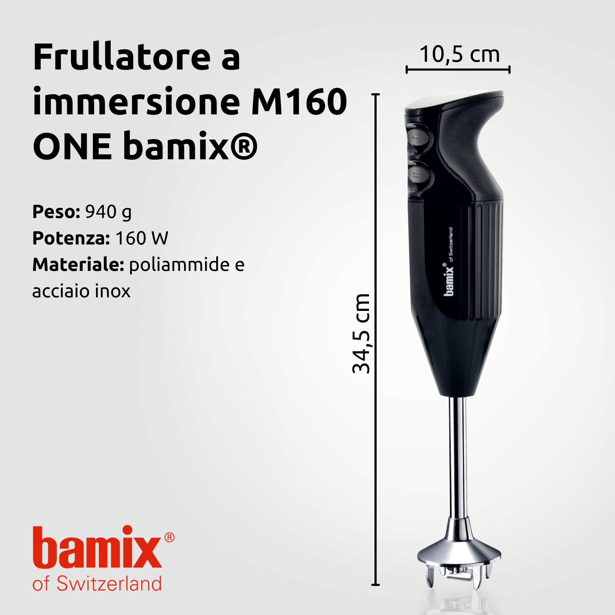bamix Frullatore a immersione acciaio M160 ONE incl. lama multiuso in acciaio inox, 160 watt, 2 velocità, Made in Switzerland, Nero