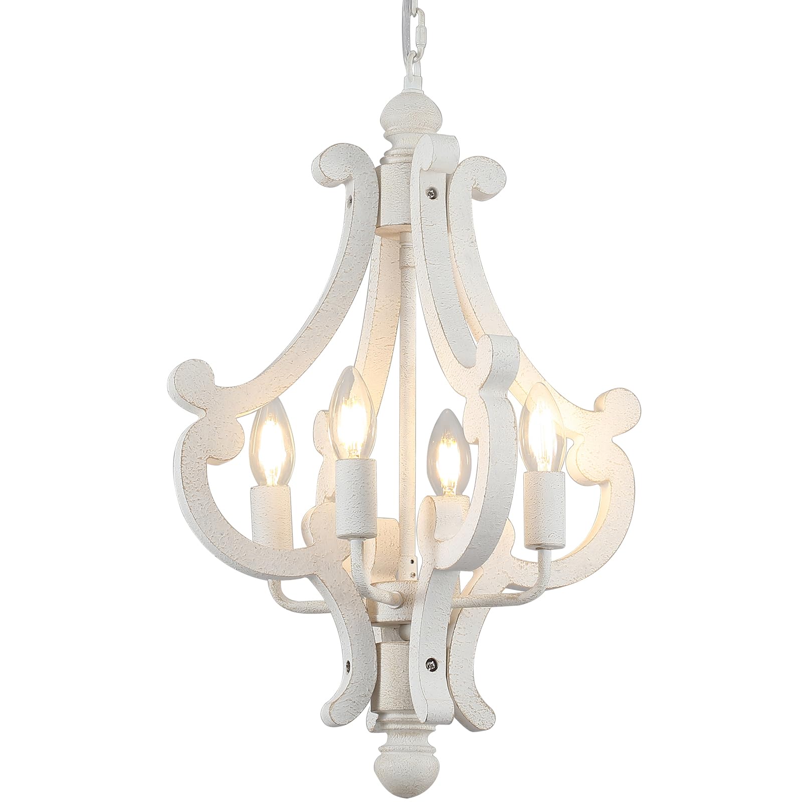 Distressed White Chandelier Ceiling Light, 4 Lights Vintage Wood Living Room Chandelier, Modern Farmhouse Rustic French Country Dining Room Lights Ceiling Pendant Light for Bedroom Kitchen Hallway E14 — image 1