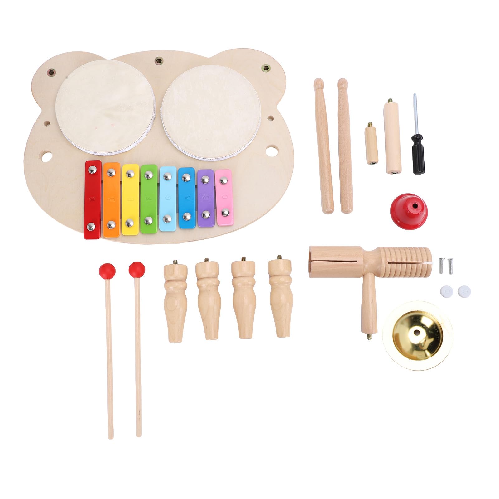 Jiawu Set di Batteria per Bambini in Legno, Costruzione in Tiglio Codificato a Colori per l'apprendimento degli Strumenti a Percussione in Legno, Giocattolo Musicale in con Bacchette e Accessori per