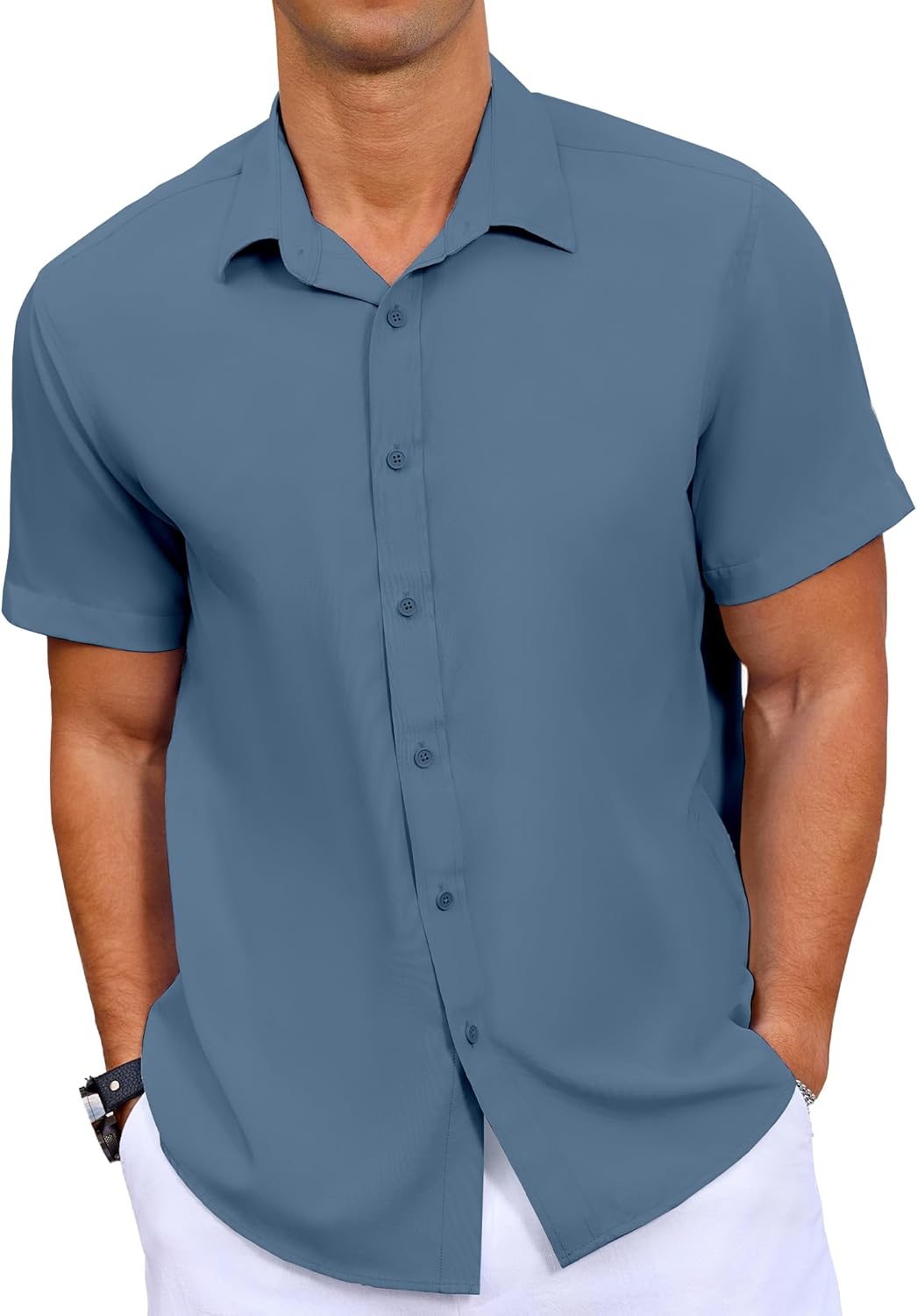 Mens Button Down Short Sleeve Shirt Casual Summer Wedding Untucked Dress Shirts