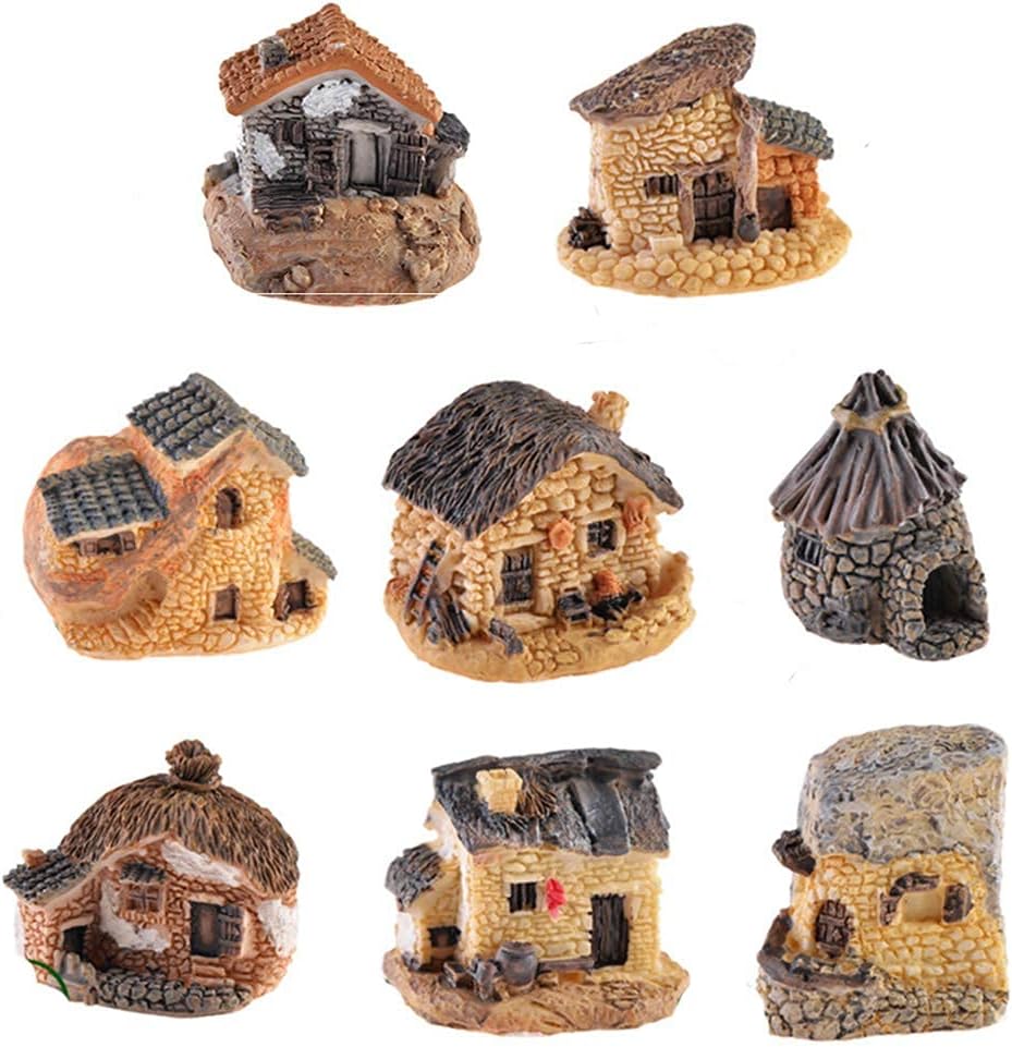 8 Pack Miniature Fairy Garden Stone House, Resin Village House Fairy Garden Kits Figurines, Mini Fairy Cottage House Fairy Garden Kits Dollhouse Supplies DIY Outdoor Decorations, Plant Pot Micro Land