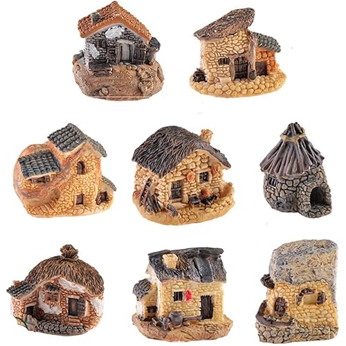 8 Pack Miniature Stone House, Resin Village House Fairy Garden Kits Figurines, Fairy Garden Kits Dollhouse Supplies DIY Outdoor Decorations, Plant Pot Micro Land