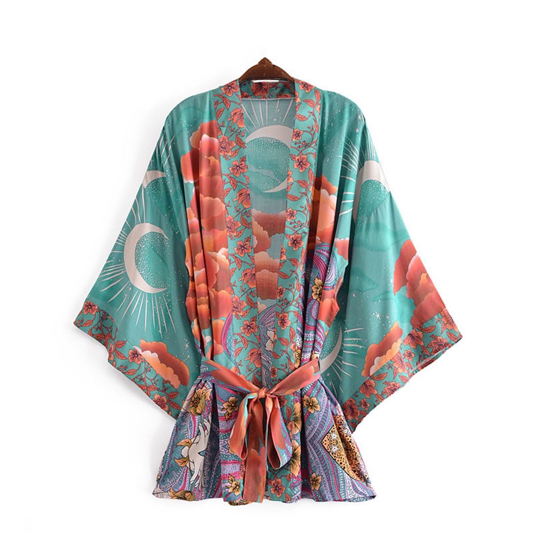 Moon Print Short Open Stitch Cover Ups Rayon Cotone Kimonos Donne