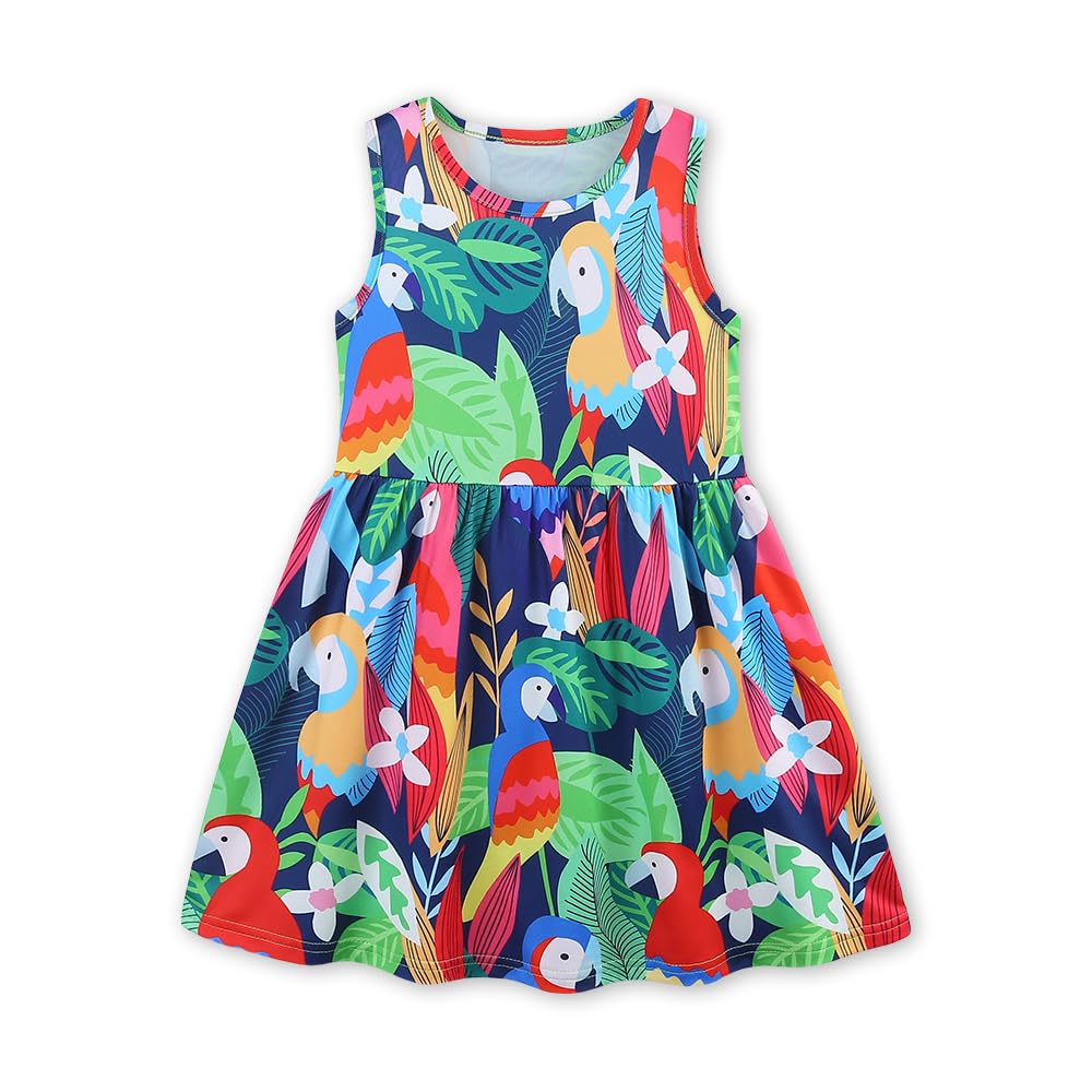 YANGLYN Toddler Girl's Cotton Dresses Short Sleeve Dress Sets for Kids Girls Cartoon Casual Summer Dress 2 Pack Parrot Butterfly 3T