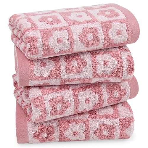 Cotton Hand Towels Pink Checkered Floral Set of 4